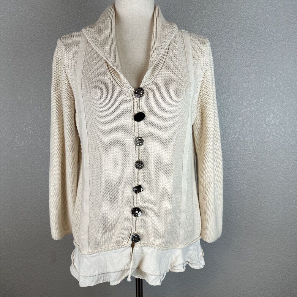 Pure Handknit Shawl Collar Button Cardigan Sweater Size M Medium Ivory‎ Layered